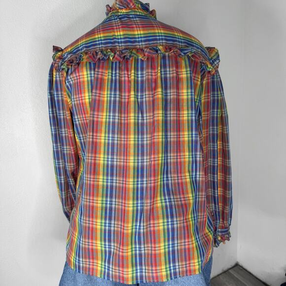 Vintage 70s 80s Ruffle Plaid Rainbow Blouse Western Praire Cottagecore Size 1X - Picture 8 of 10